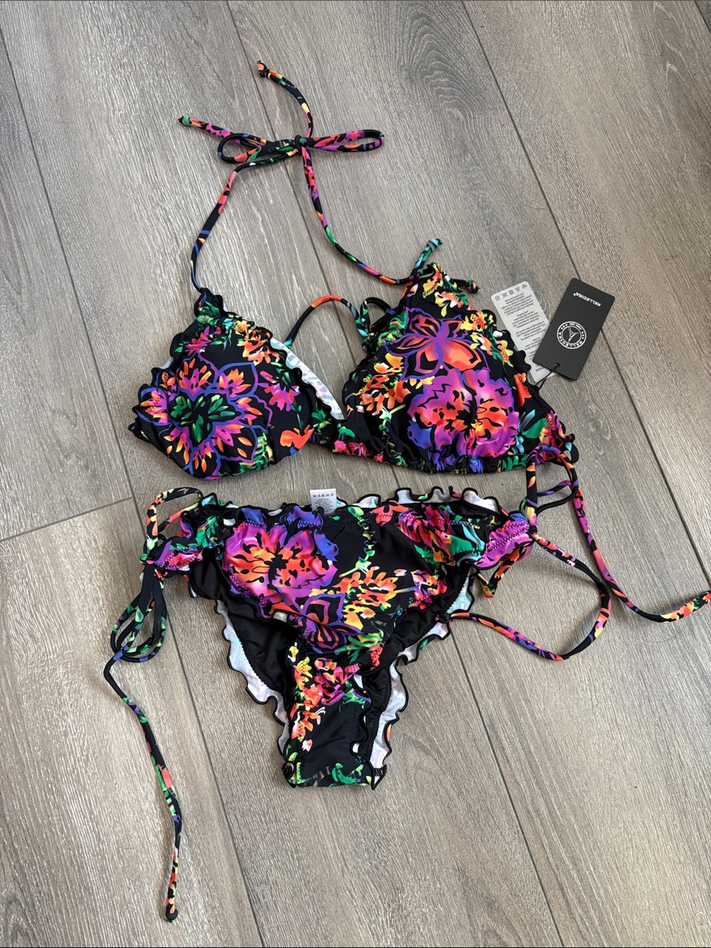 RELLECIGA Black Floral Multicolor Ruffle Triangle Bikini